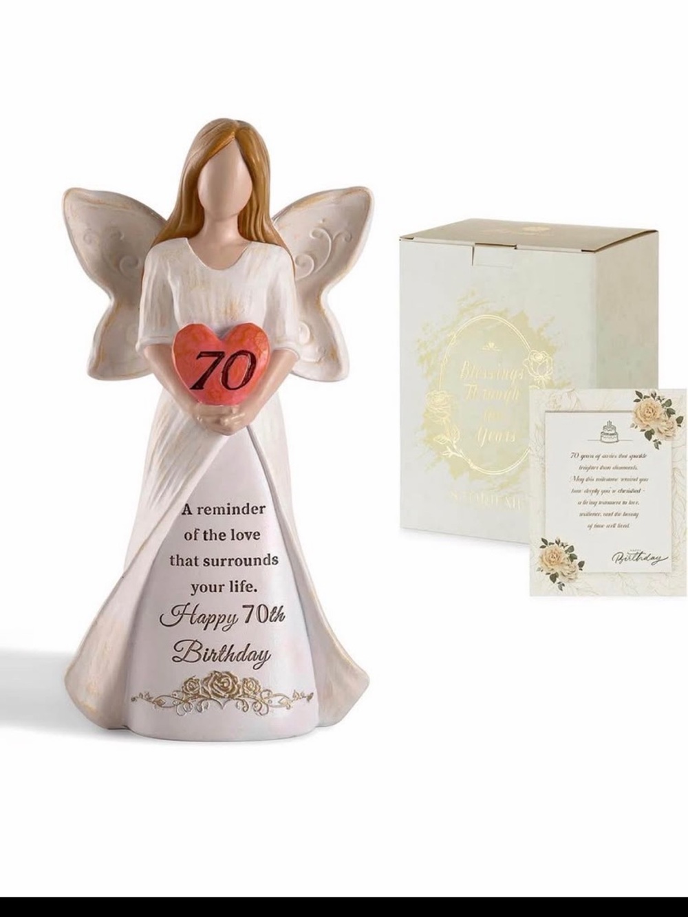 Angel Figurine Holding Heart "70" - White & Blush
